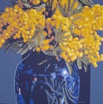 Yellow Mimosa in Blue Vase